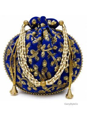 Velvet Embroidered Potli Bag Pearl Handle Drawstring Wedding Clutch